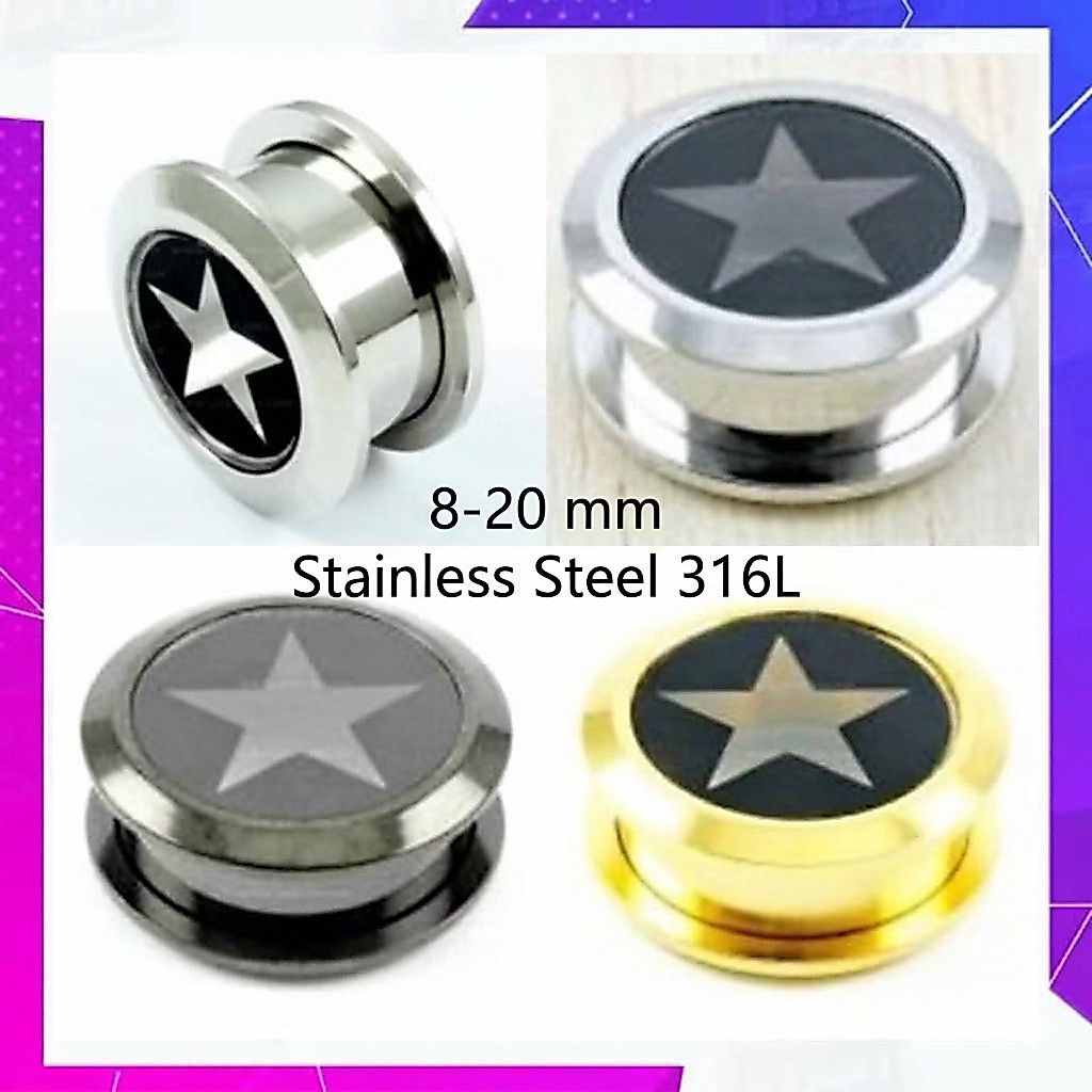 จิวหูตาไก่ จิวระเบิดหู จิวหูผู้ชาย จิวหูแฟชั่นลายดาว (8mm - 20mm)  สแตนเลสแท้ 316L เกรดเครื่องมือแพทย์ งานพรีเมียม