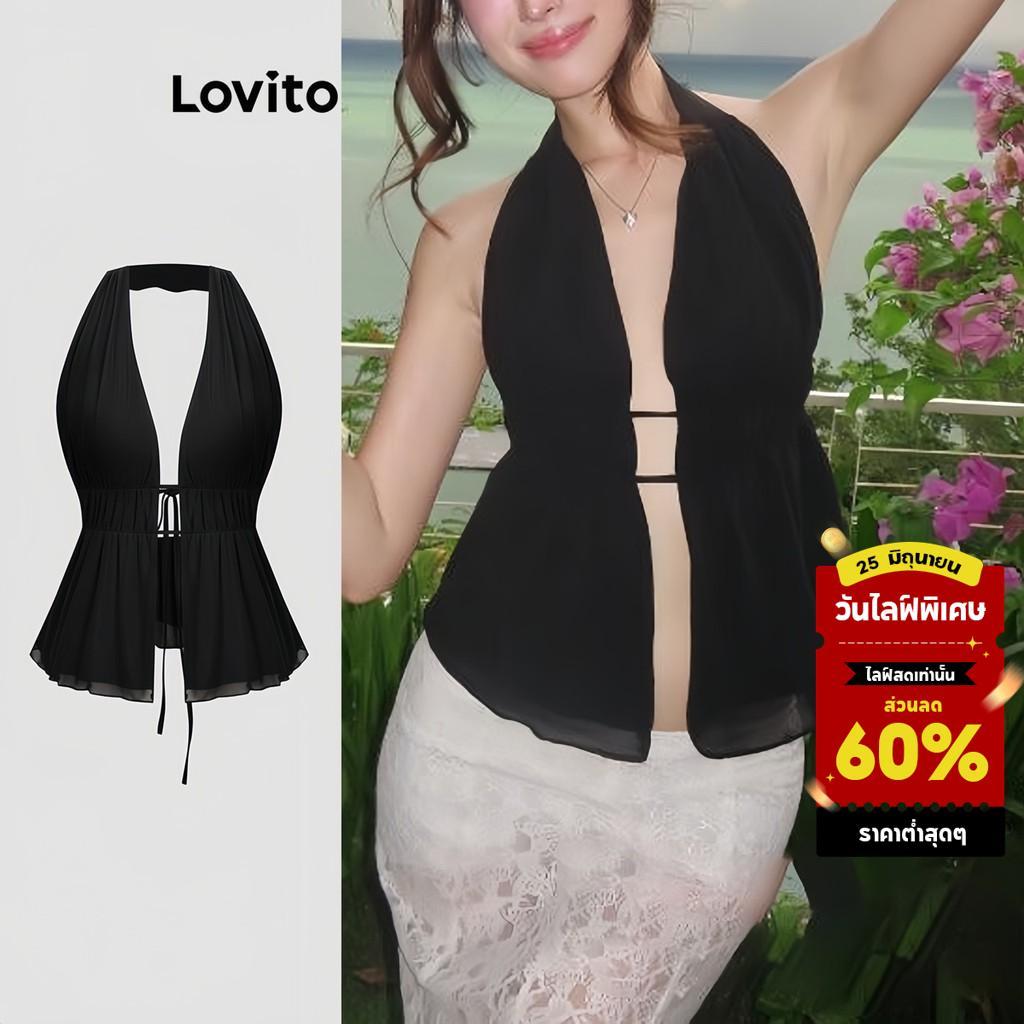 Lovito โบโฮ เสื้อสายเดี่ยว สีพื้น สไตล์เซ็กซี่ ดีไซน์โชว์หลัง สำหรับผู้หญิง L122AD045