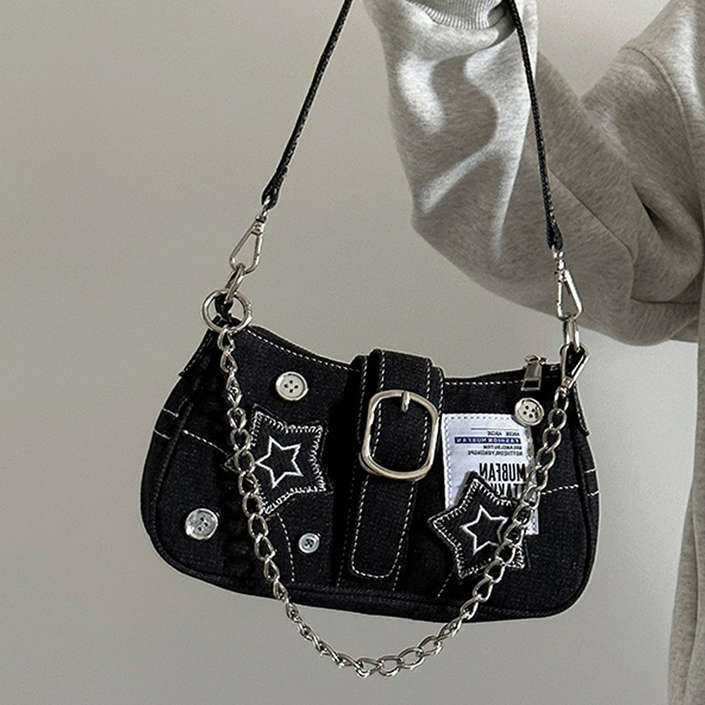Y2K Y2K Millennium Hot Girl Denim Underarm Bag Female Retro Button Denim Shoulder Bag Hot Girl Star 