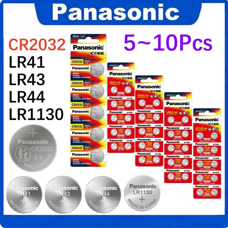 5 ~ 10pcs Panasonic CR2032 LR44 LR41 LR43 LR1130 A76 AG13 AG10 AG3 AG12 189 L1154 A76 357a lr44 LR44
