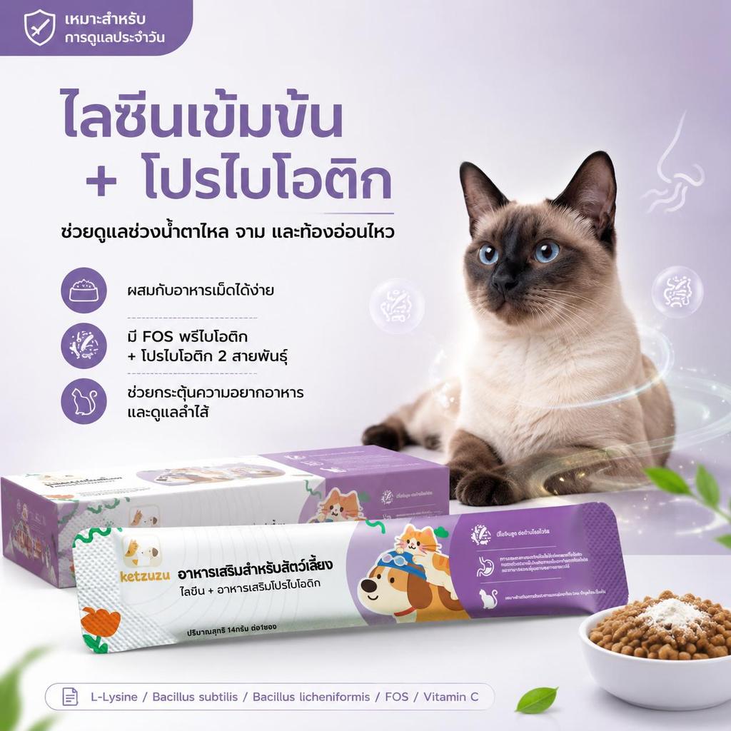 Ketzuzu 12/24 แพ็ค อาหารเสริมแมว วิตามินแมว ไลซีนแบบผง ช่วยแมวช่วงฟึดฟัดจมูกกินดีขึ้น 14g