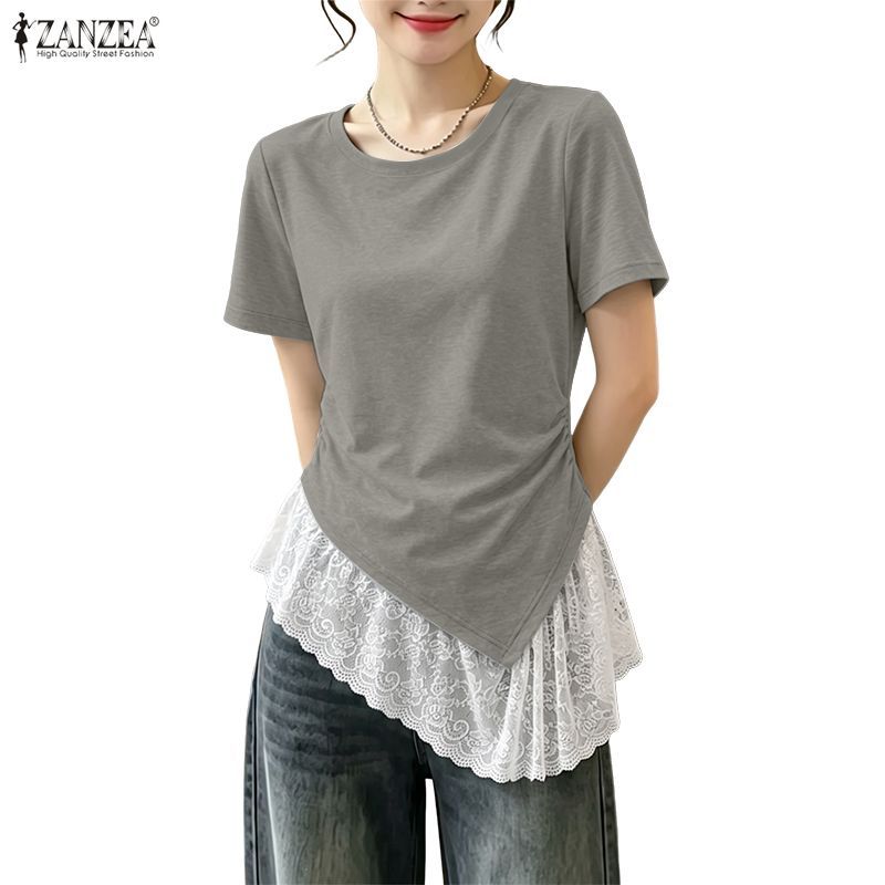 ZANZEA แขนสั้นคอกลมลําลองเกาหลีสําหรับผู้หญิงพร้อมเสื้อเฮ็มไม่สมมาตร — صورة 6