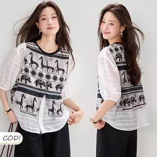 mimi&didi[สินค้าพร้อมส่ง]เสื้อแขนสั้นผู้หญิงลายพิมพ์สัตว์แบบเย็บปะติดปะต่อ ดีไซน์คล้ายเสื้อสองชิ้น ทรงหลวมลำลอง #99483