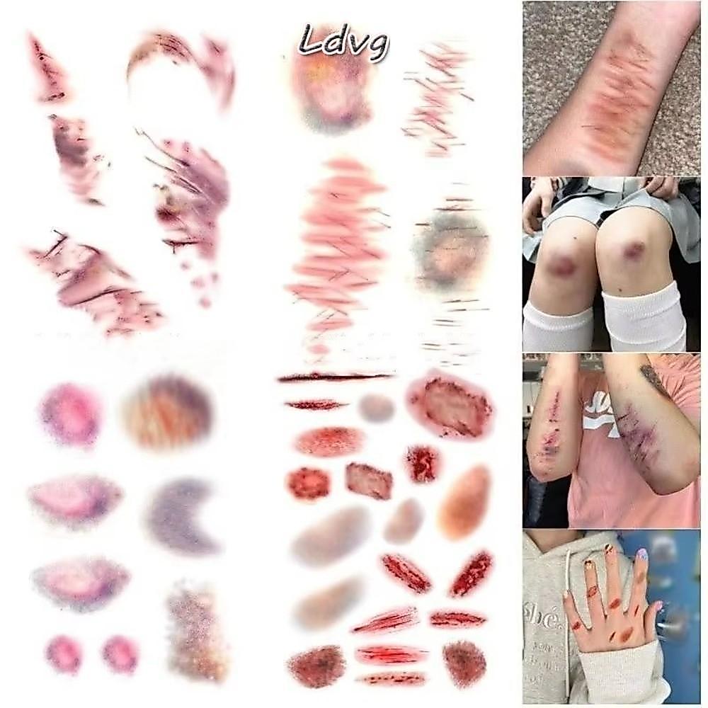 LDVG 1/4PCS Wound Bruising รอยสักชั่วคราว, สมจริงคอสเพลย์แขนข้อเท้ารอยแผลเป็นสติกเกอร์รอยสัก, กันน้ํายาวนานสักปลอม