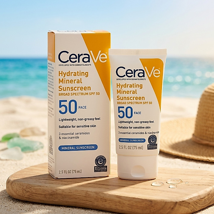 กันแดด SPF50+ PA++++ สูตร Mineral เนื้อบางเบาซึมไว ไม่เหนียวเหนอะหนะ กันน้ำกันเหงื่อ มีเซราไมด์บำรุงเกราะป้องกันผิว ให้ค