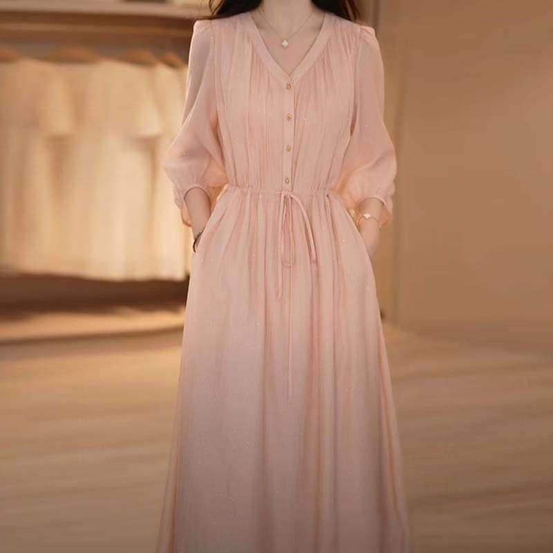 XUWEN2509 Seckill High-End French Dress ผู้หญิง 2025 ฤดูร้อน Super Fairy หลวม Belly อารมณ์อ่อนโยน Ov