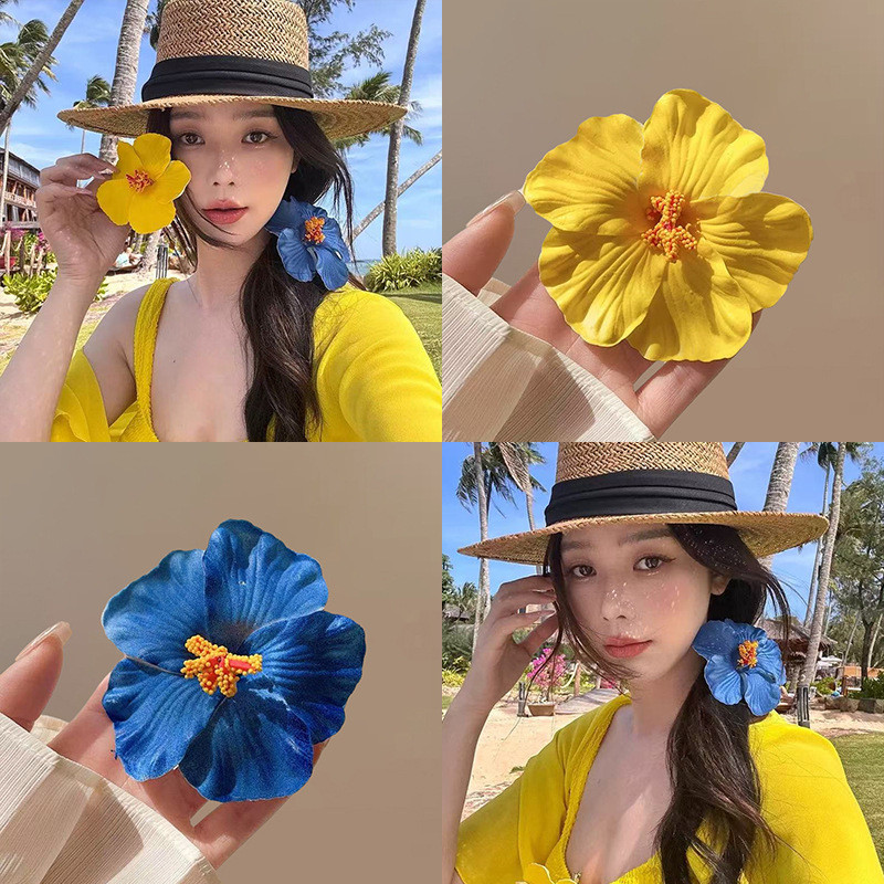 ผ้าโพกศีรษะลายดอกไม้ชบาหวาน สไตล์วันหยุดฮาวาย มีกิ๊บดอกไม้สำหรับแต่งหน้าผมให้น่า 사랑ยิ่งขึ้น
