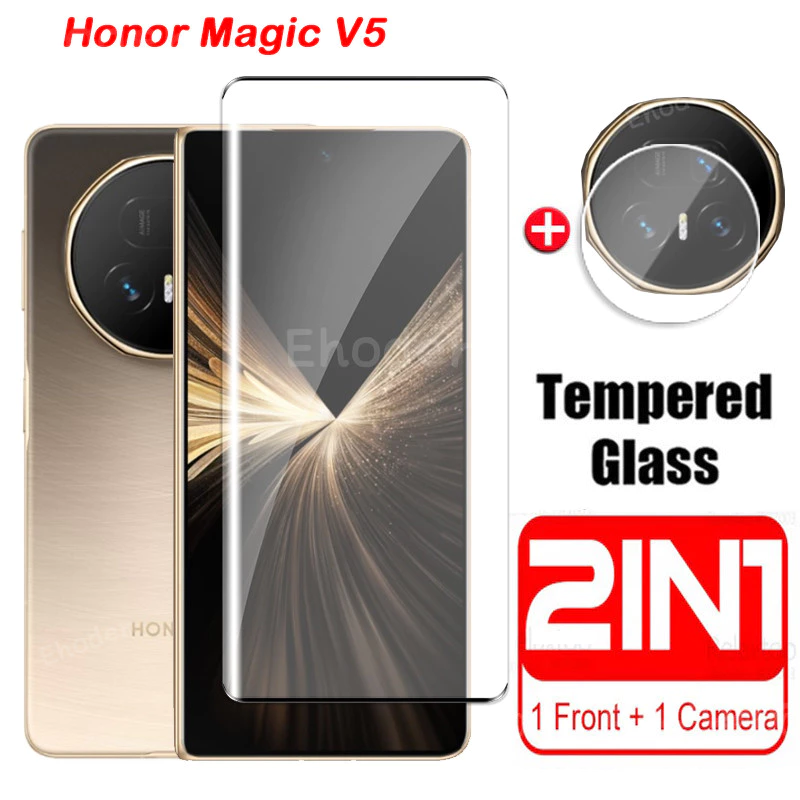 2in1 กระจกนิรภัยสําหรับ Honor Magic V6 V5 V3 4G 5G 2025 ขอบโค้งป้องกันหน้าจอสําหรับ MagicV6/V5 V 5 MagicV3 ฟิล์มป้องกันพร้อมเลนส์กล้อง