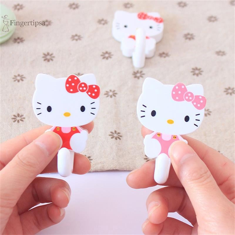 FIG 2 ชิ้น/เซ็ตการ์ตูนน่ารัก Hello Kitty Punch-free Strong Self กาวตะขอแขวน KT แมวตกแต่งบ้านประตูกลับแขวนผนังของขวัญ TH