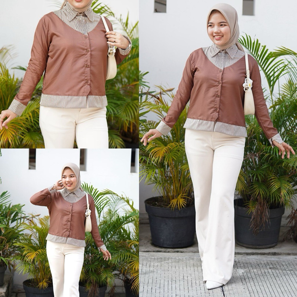 Tq88donesia เสื้อเบลาส์สตรีลายทางล่าสุด / แขนยาว YUKI TOP