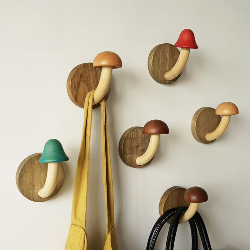 Creative ไม้เห็ด Coat Hook Non-Punch ตะขอไม้เนื้อแข็ง Nordic Log แขวนประตูด้านหลัง Shelver Hook