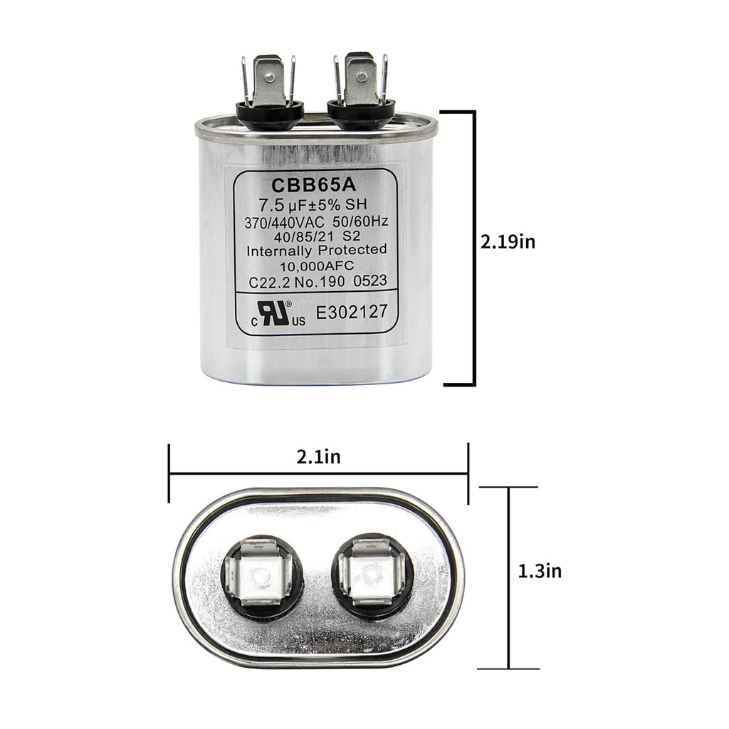 7.5 MFD AC Capacitor, 7.5 uF ±6% 7.5 MFD 370V/440V CBB65 Volt Oval Run Start Capacitor สําหรับคอนเดน