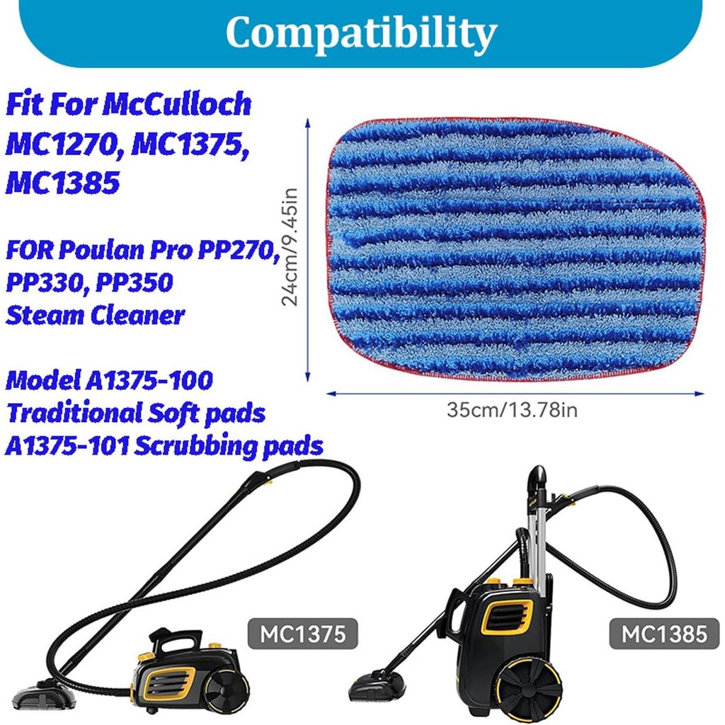 4 แพ็ค A1375-100/101 เปลี่ยนแผ่นซับไมโครไฟเบอร์เติมเข้ากันได้กับ McCulloch MC1375, MC1385 ไอน้ําทําค