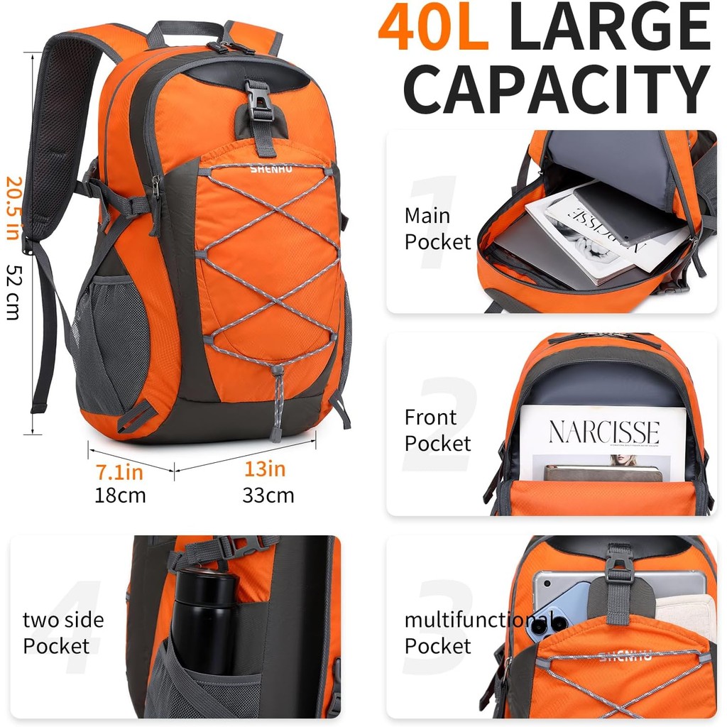 40L กระเป๋าเป้สะพายหลังเดินป่าน้ําหนักเบา Daypack กันน้ํา Camping กระเป๋าเป้สะพายหลังสําหรับผู้ชายผู