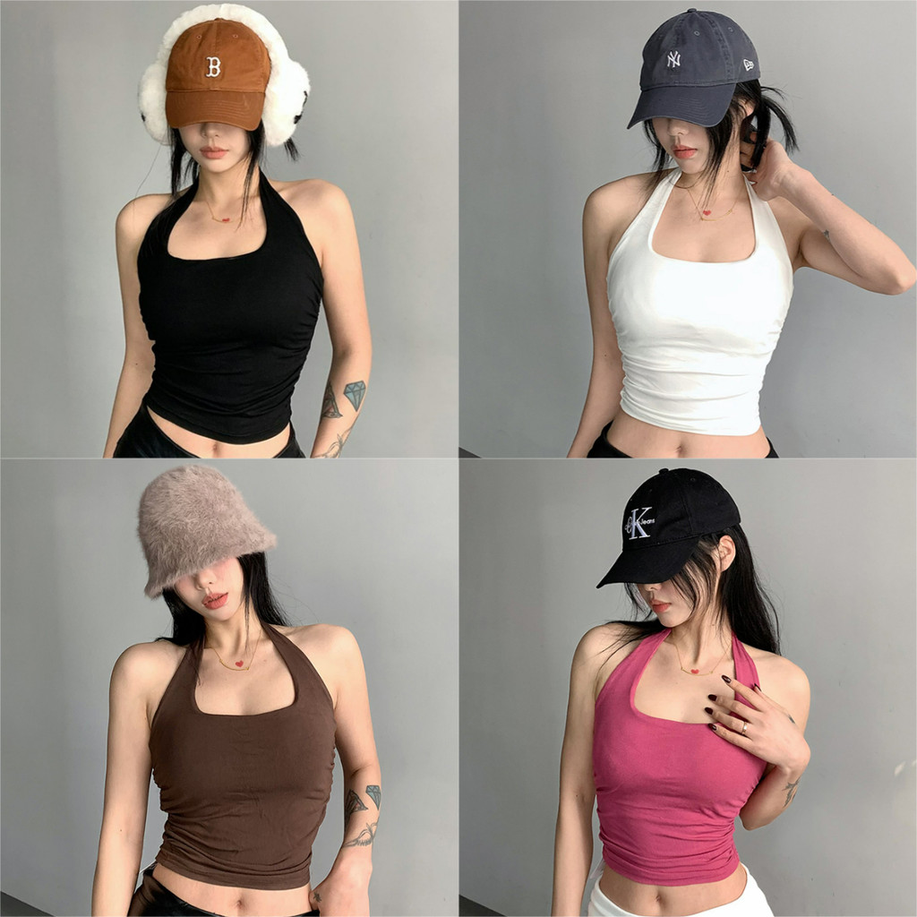 ⭐Soroh⭐เสื้อกล้าม คล้องคอ มฟองน้ำ สีพื้น เข้ารูป ผ้านิ่ม เสื้อครอป สไตล์เกาหลี แฟชั่น มินิมอล#FY550