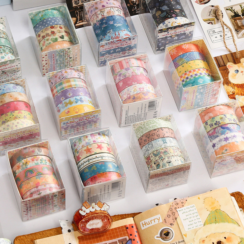 5 ม้วนที่มีสีสัน Berry ครีมพัฟ Series Washi สติกเกอร์เทปตกแต่ง DIY วัสดุ Masking Tapes