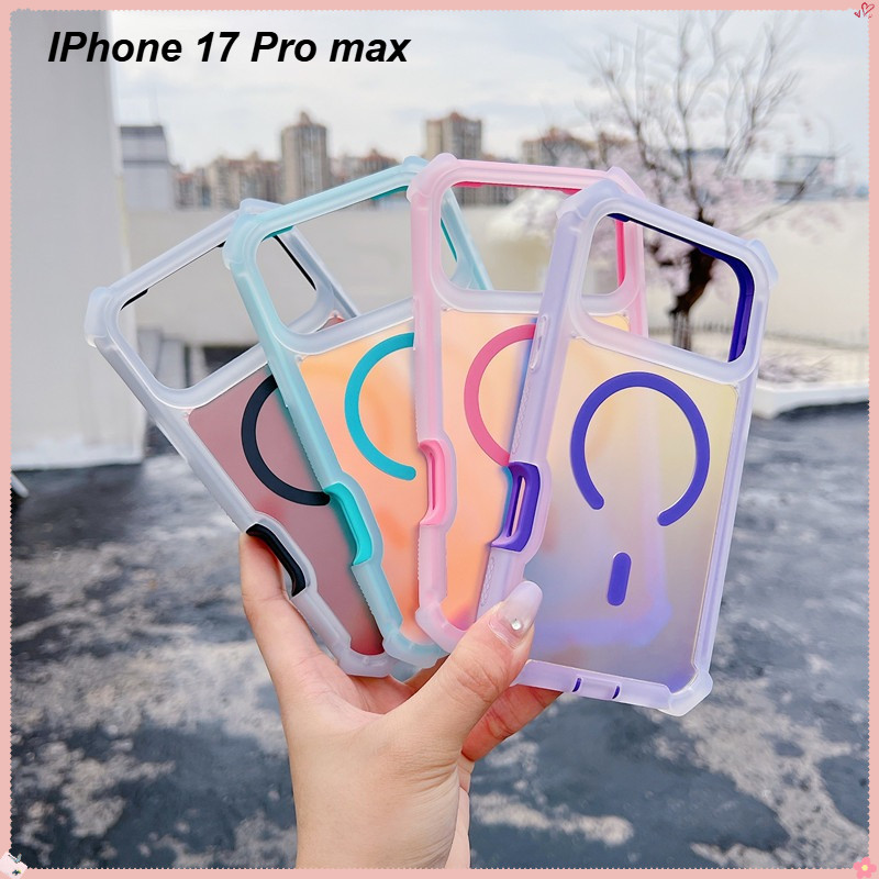 2-in-1 เลเซอร์เปลี่ยนสีแม่เหล็กเคสโทรศัพท์สําหรับ IPhone 17 16 15 14 13 11 Pro max 17 Air 16e สี่มุมถุงลมนิรภัย anti fall ฝาครอบป้องกันพร้อมปลั๊กกันฝุ่น