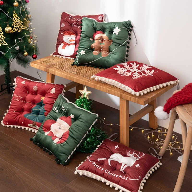 เบาะรองนั่ง คริสต์มาส ลายการ์ตูนน่ารัก พร้อมเชือกคล้องเก้าอี้ ขนาด40x40cm นุ่มสบาย สําหรับตกแต่งบ้าน
