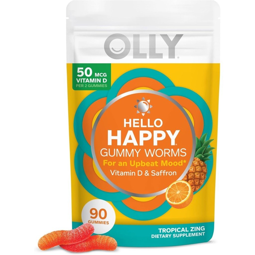 OLLY Hello Happy Gummy Worms, Mood Balance Support, Vitamin D, Saffron, Adult Chewable , ปราศจากกลูเ