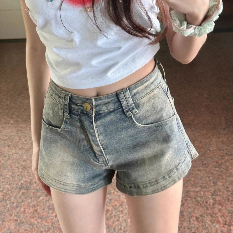 สาวร้อนอเมริกันย้อนยุคกางเกงขาสั้นผ้ายีนส์ผู้หญิง2025เอวสูง ผอมลง ดูยืดขนาดเล็กตรงกางเกงร้อน20250915