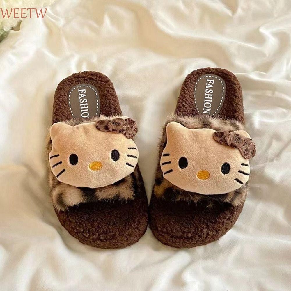Weekw รองเท้าแตะตุ๊กตาคิตตี้, รองเท้าแตะขนสัตว์อุ่นนักเรียนปุย, Kawaii Anti Slip ในร่มกลางแจ้ง Y2k รองเท้าแตะเสือดาวด้านนอก
