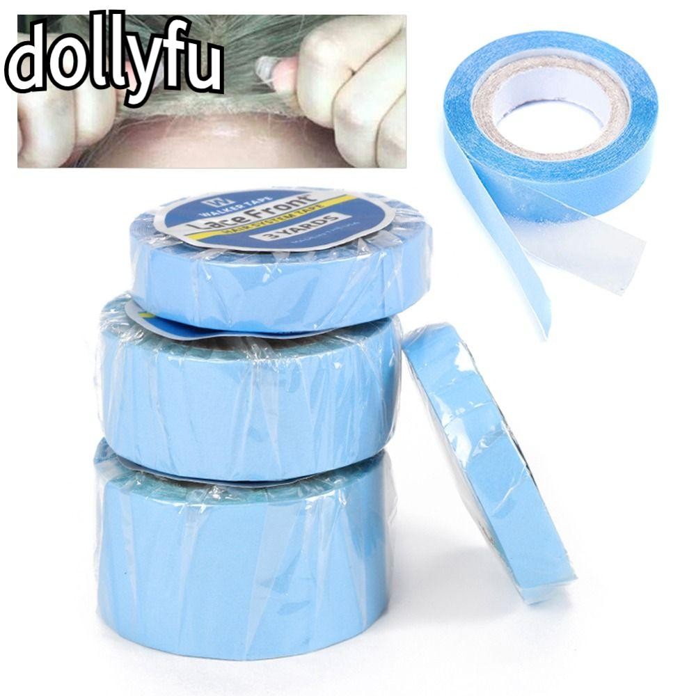 DOLLYFU ม้วนลูกไม้กาวสองด้าน Ultra Hold กันน้ําสำหรับต่อผม สีฟ้า 3 Yards