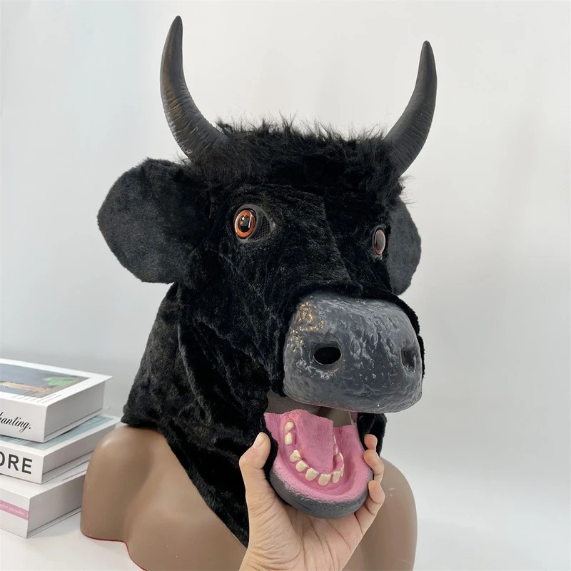 ZH พร้อมสต็อกBlack Bull Mask ฮาโลวีนเหมือนจริงตุ๊กตาสัตว์ฝาครอบ Movable Jaw สีดําหัววัว Latex หน้ากาก Carnival คอสเพลย์เครื่องแต่งกาย Party