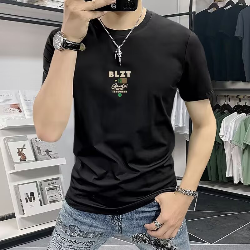 แขนสั้น Street Wear ฤดูร้อนผู้ชายแฟชั่นผู้ชายสไตล์ใหม่ครึ่งแขนพิมพ์ Slim-fit All-Match Tnew23COD รอบ