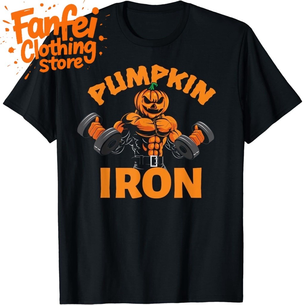 (24 ชั่วโมงการจัดส่ง)Fanfei Halloween Fun Fitness Pumpkin Man พิมพ์เสื้อยืดแขนสั้นสีดํา