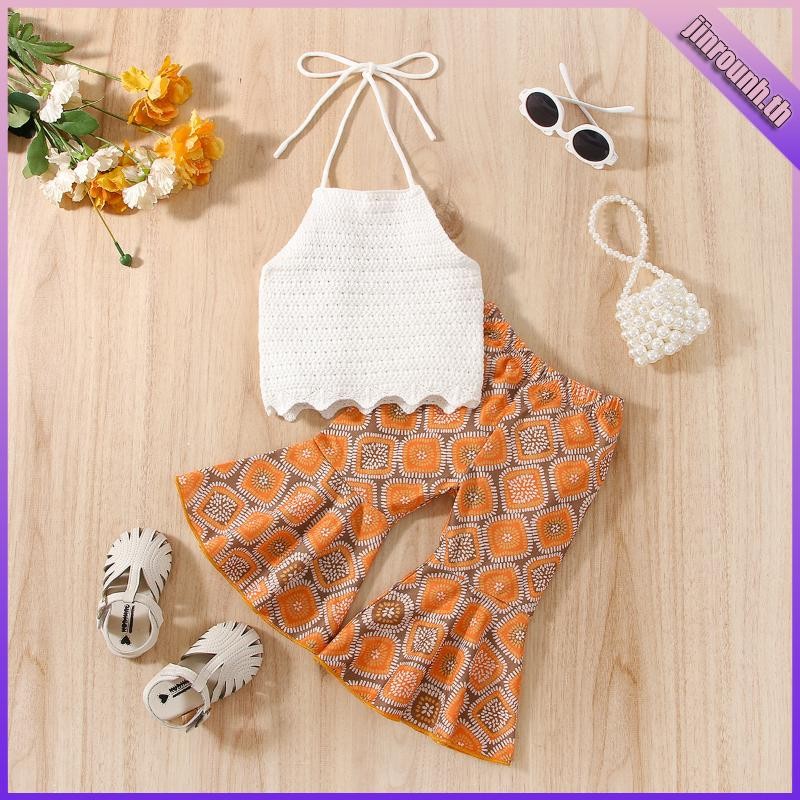 Laa6-เสื้อคล้องคอแขนกุดสําหรับเด็กทารกผู้หญิงและชุดกางเกงขาบานลําลองพิมพ์ลายเรขาคณิต