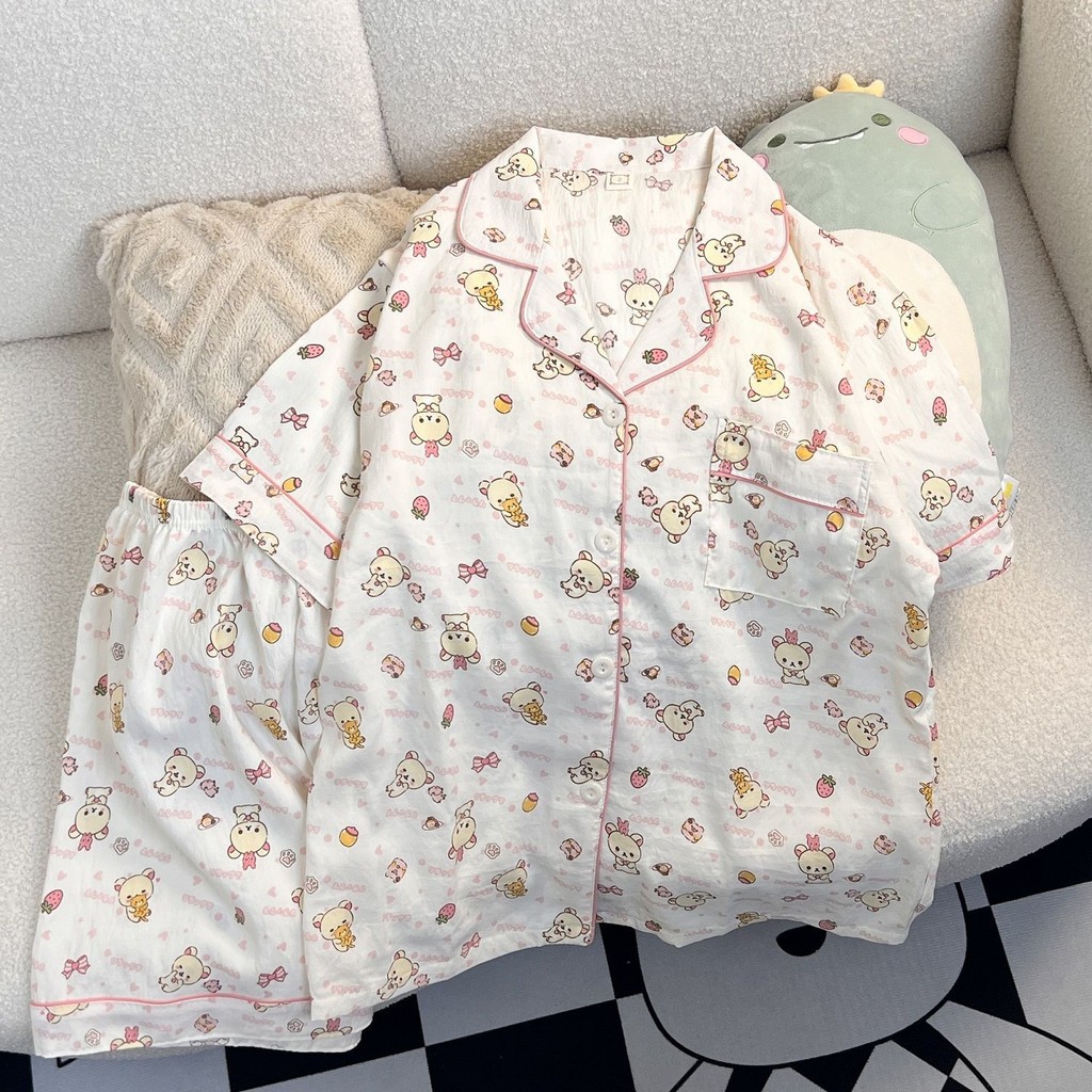 ชุดนอนลายคลาวด์ Rilakkuma แขนสั้น สำหรับผู้หญิง ทำจากผ้าฝ้ายคุณภาพดี เหมาะสำหรับใส่ทั้งในบ้านและนอกบ