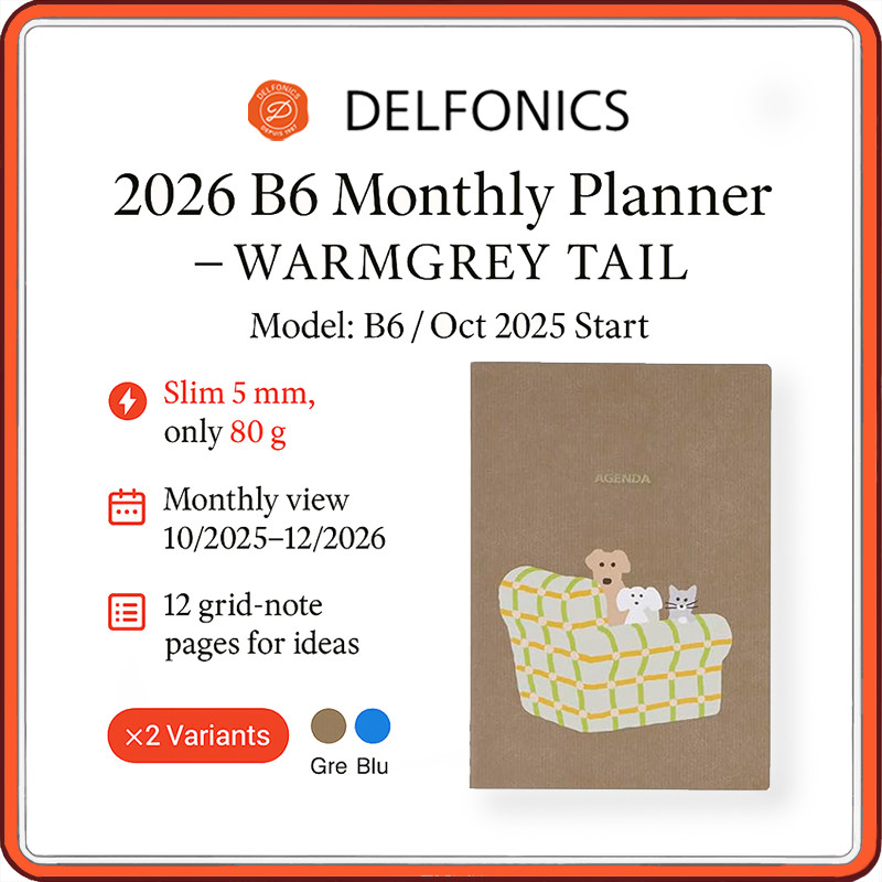 Delfonics 2026 B6 Monthly Planner – WARMGREY TAIL Series (Oct 2025 Start), Greige & Blue Covers, Sli