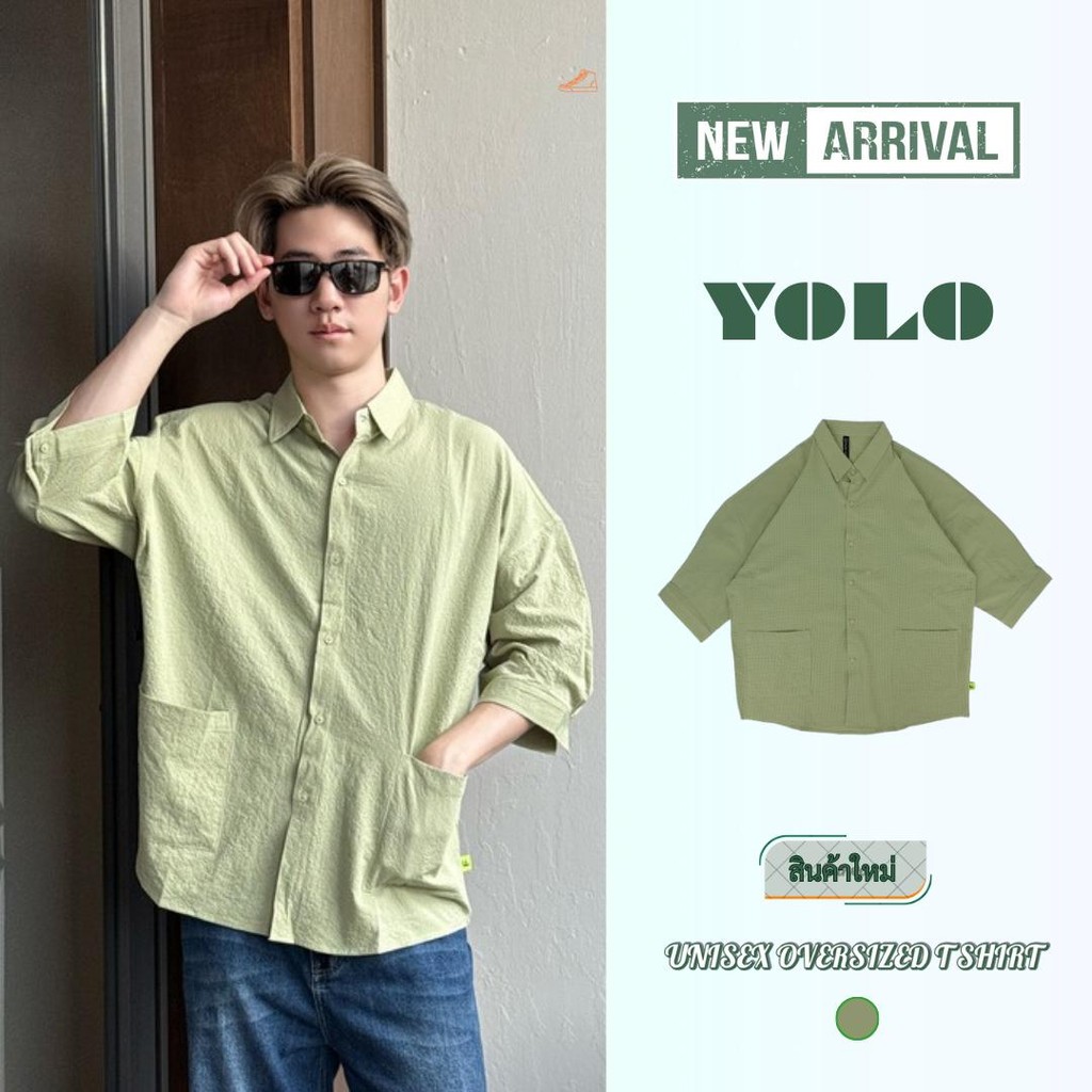 YOLO เสื้อเชิ้ต OVERZISE เสื้อเชิ้ตผู้ชาย เสื้อเชิ้ตลายทาง แขนสั้น ติดกระดุมหน้า Y252356