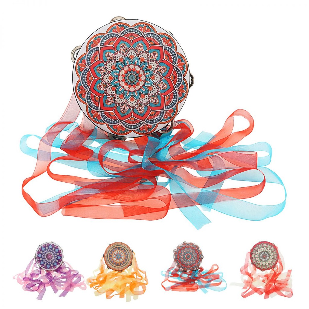 6/8 นิ้วเดี่ยวแถวกริ๊งดอกไม้แบบริบบิ้น แทมบูรีน พร้อมริบบิ้นหลากสีกลองมือไม้