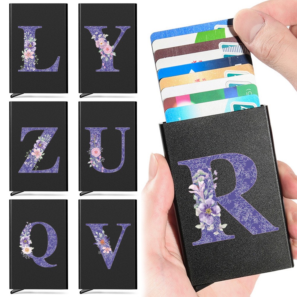 ผู้ถือเครื่องอ่านบล็อก NFC กรณีรูปแบบตัวอักษรดอกไม้สีม่วงบางป้องกันธนาคารกรณีบัตรเครดิตอลูมิเนียมป้องกัน Rfid