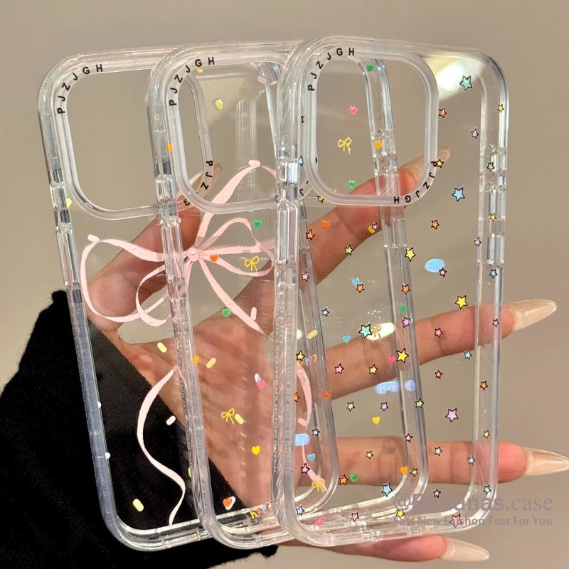 เข้ากันได้กับ iPhone 17 16 15 14 13 12 11 Pro Max X Xr Xs Max 7 8 Plus SE2020 เคสโทรศัพท์น่ารักโบว์สีชมพูสีลูกกวาดดาวคู่ฝาหลังนุ่ม