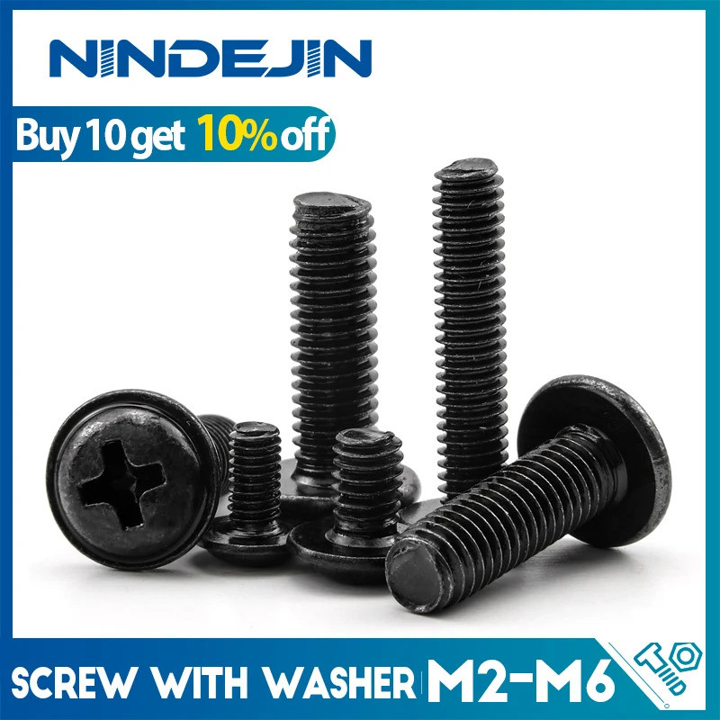 NINDEJIN M2 2.5 M3 M4 เหล็กคาร์บอน Cross Phillips Pan รอบ Truss หัวเครื่องซักผ้าเบาะคอสกรู PWM