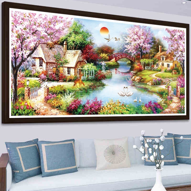 DIY ด้ายฝ้าย 11CT พิมพ์ Swan Lake Manor CROSS Stitch Garden Cottage Idyllic Cross Stitch ชุดเย็บปักถักร้อยเย็บปักถักร้อย