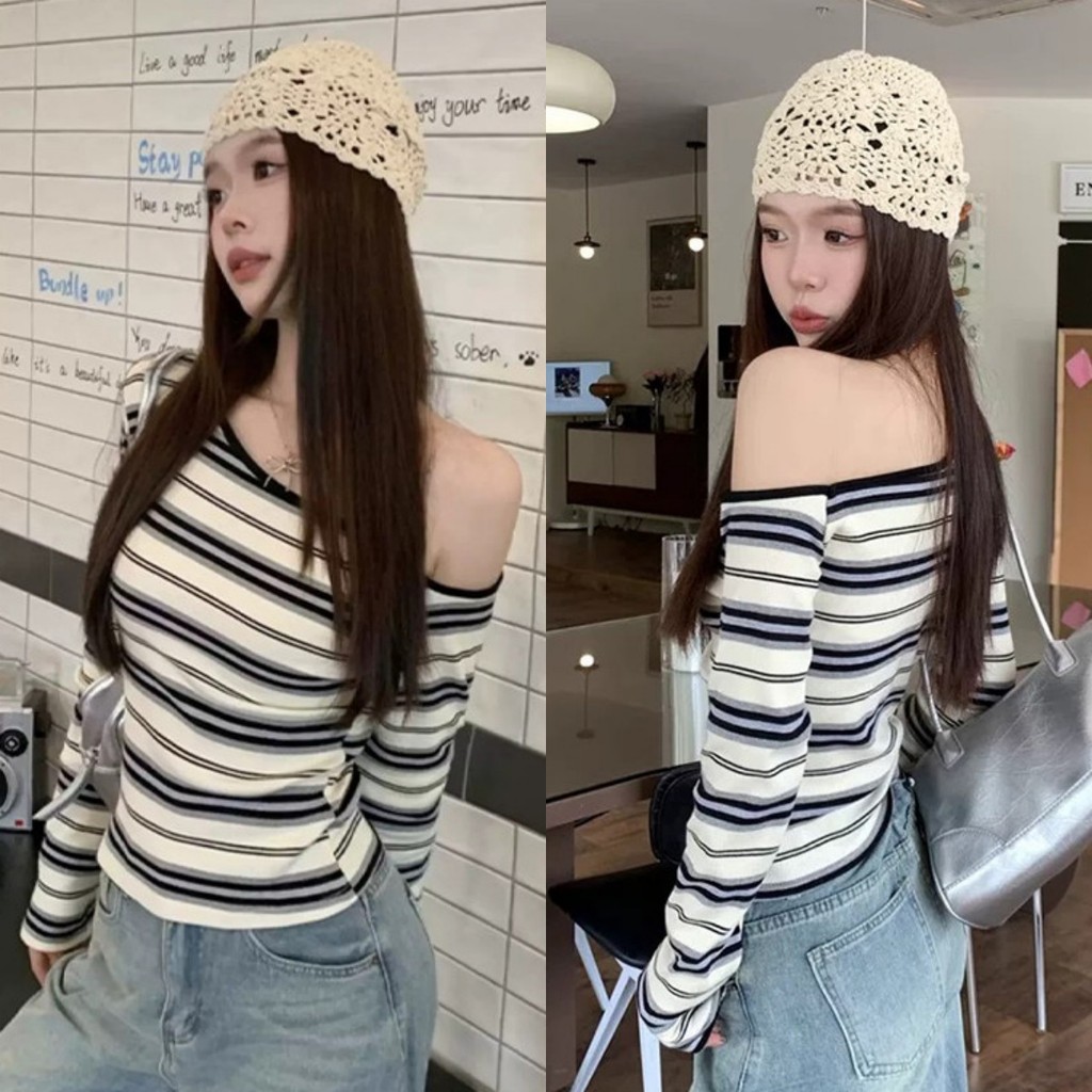💘Bonnie💘เสื้อเปิดไหล่แขนยาว สีครีม ลายทาง เข้ารูป เสื้อยืด ผู้หญิง แฟชั่น ใส่สบาย เที่ยวทำงานสบาย