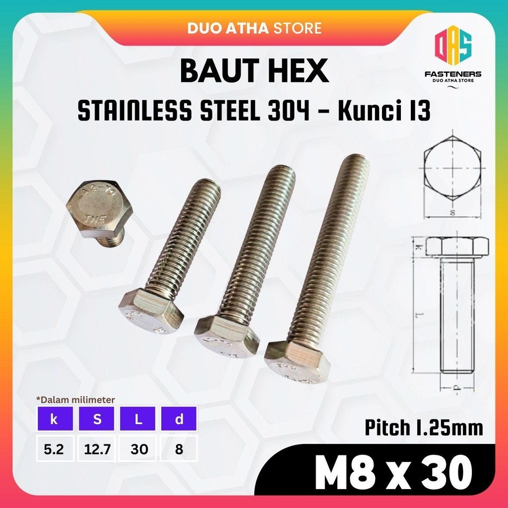 สแตนเลส M8x30 Hex Bolt / M8x30 SS304 เท่านั้น Bolt / M8x30 SUS304 Hexagon Bolt Key 13