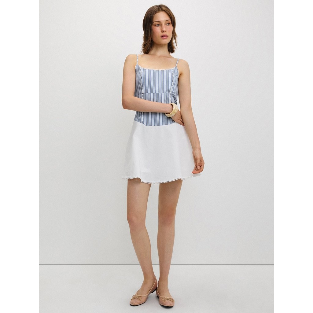 [Pomelo] เดรสลายทางแต่งขอบลูกไม้ / Striped Lace Trim Dress — صورة 2