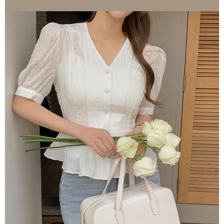S-2XL เสื้อเชิ้ตผูกเอวผ้าแจ็คการ์ดสไตล์เก๋ไก๋หวานๆ แขนสั้น คอวี ทรงเข้ารูป สไตล์ฝรั่งเศส