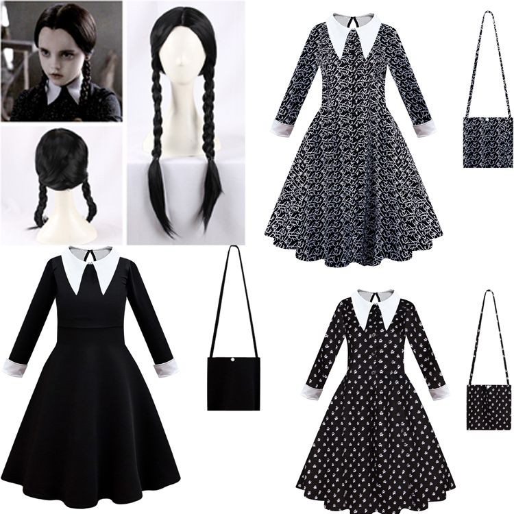 ชุดคอสเพลย์วันฮัลโลวีน Adam's Family Wednesday พร้อมวิกผมสำหรับเด็ก