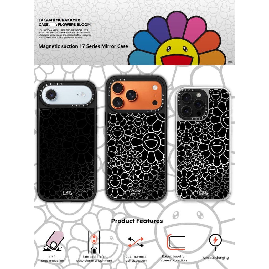 TAKASHI MURAKAMI x CASECASE: FLOWERS BLOOM MULTI-FLOWERS (RAINDOW) Black & Sliver Mirror แม่เหล็กดูด iPhone Case สําหรับ iPhone 17 Air 16 15 14 13 12 Pro Max Plus แกะสลักโลโก้
