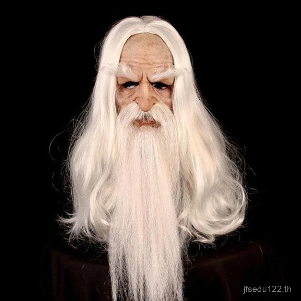 ฮาโลวีนผมสีขาว Wizard Mask Santa Latex Headgear Party Dress Up Grandpa Latex Mask
