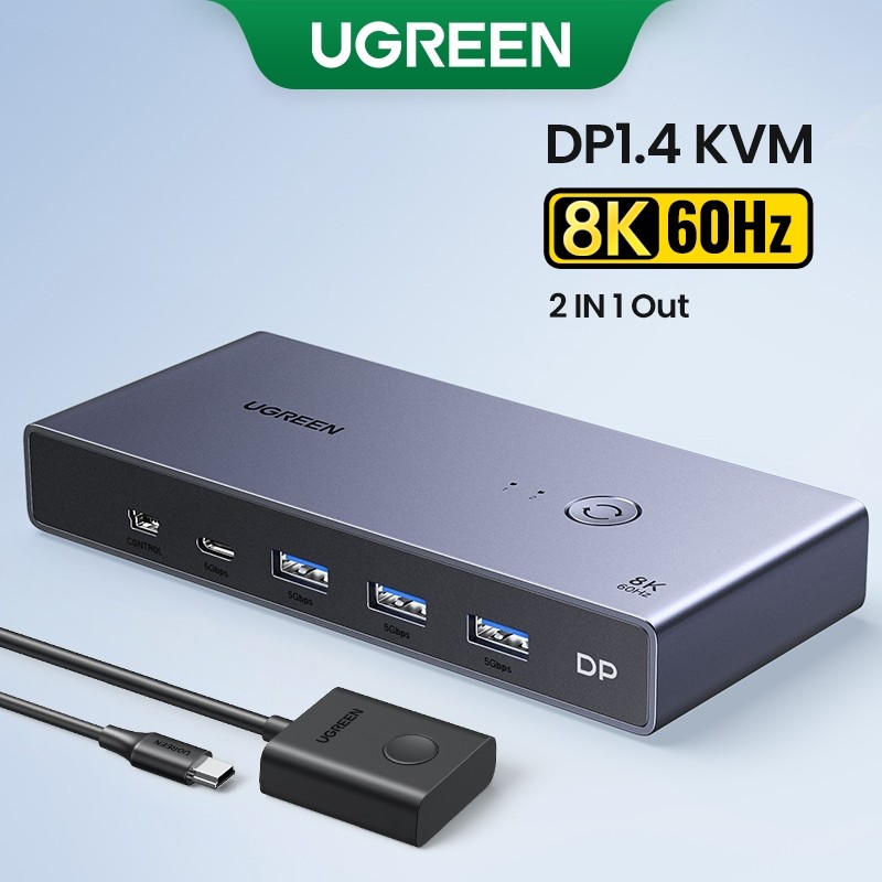 UGREEN DP 1.4 Switch 8K 60Hz KVM Switch 2 PCs Sharing Display Printer คีย์บอร์ดเมาส์ DP Cable Displa