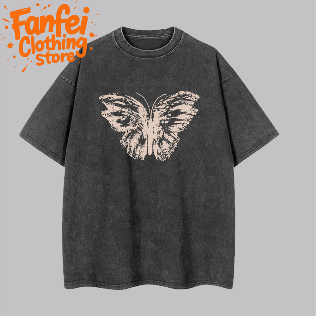 COD จัดส่งตลอด 24 ชั่วโมง Fanfei เสื้อยืดผ้าคอตตอนใส่สบาย ลายผีเสื้อวินเทจสีครีม เสื้อแฟชั่นผู้ชายสี