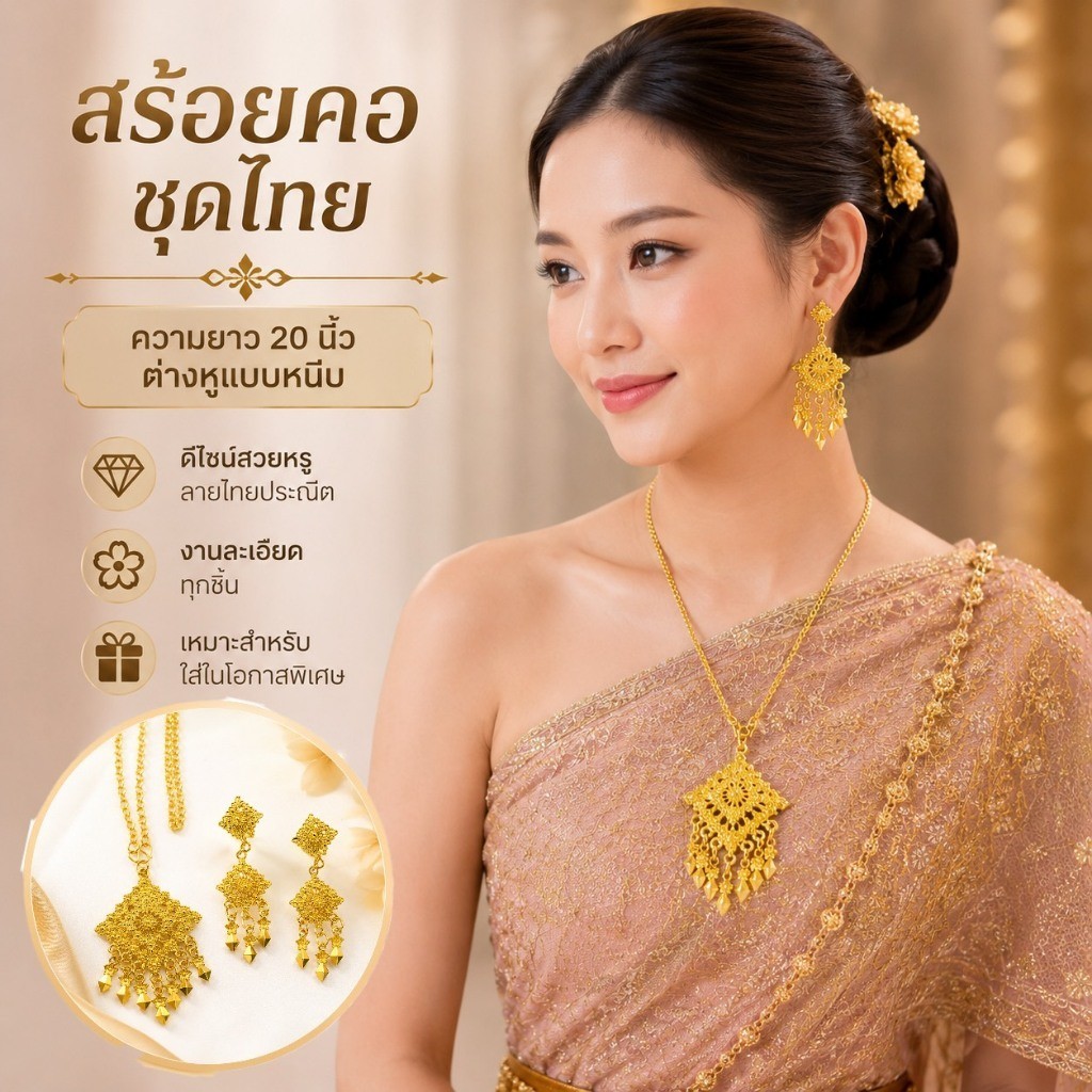 ชุดเครื่องประดับไทย สร้อยคอพร้อมต่างหู สีทอง สีเงิน ใส่ออกงานได้ทุกโอกาส