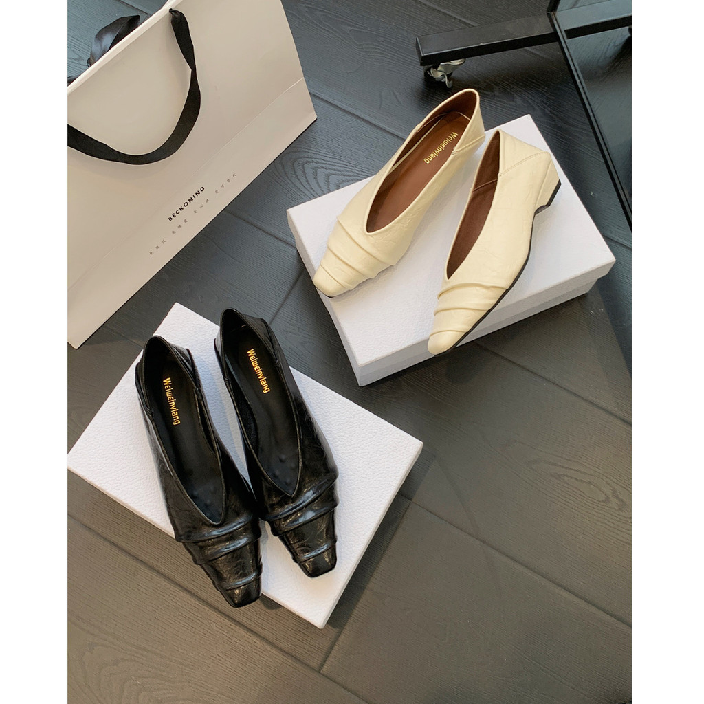 Wilway Girl-French Pleated Classy Single Shoes Women Square Toe Mary Jane Shoes Wedge Heel Pump Comm
