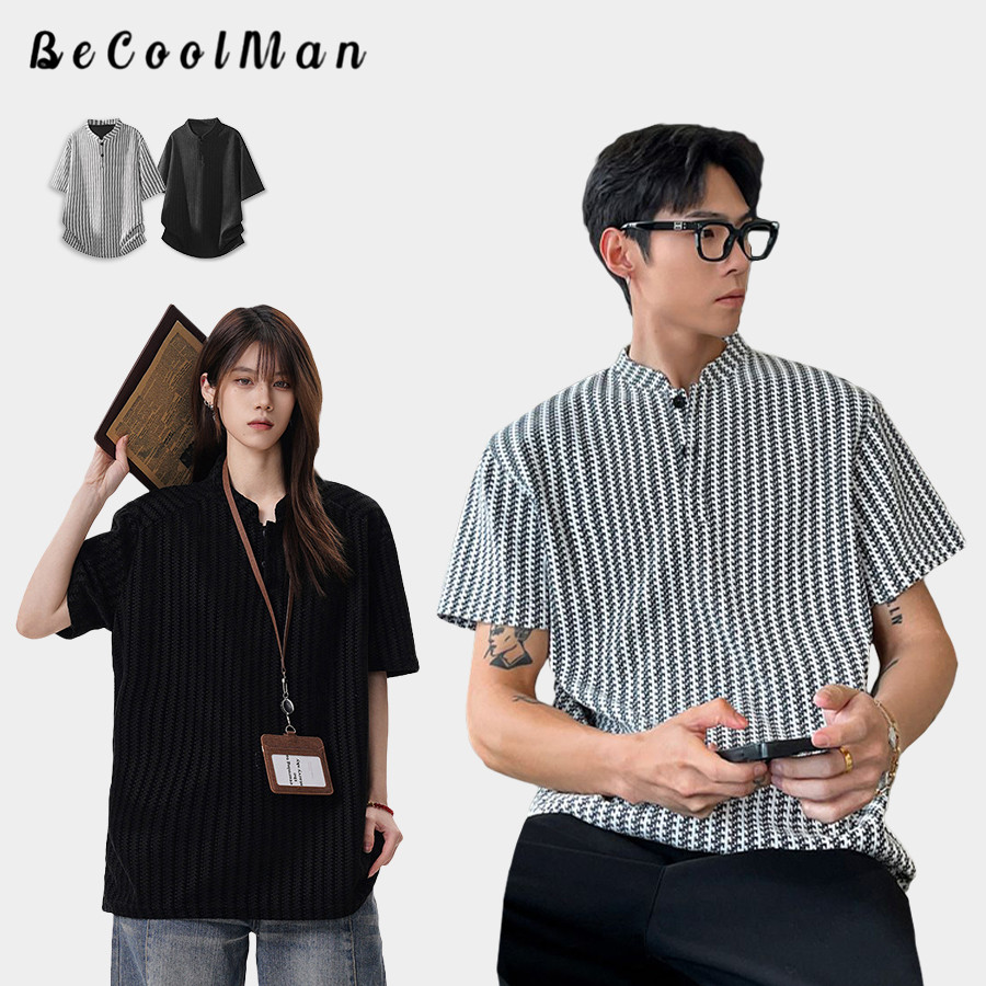 💥BecoolMan💥แบบอเมริกัน เสื้อโปโลคอตั้ง การพักผ่อน เสื้อแขนสั้นผู้ชาย หลวมสบาย กระดุม พื้นผิวลายก้างปลา